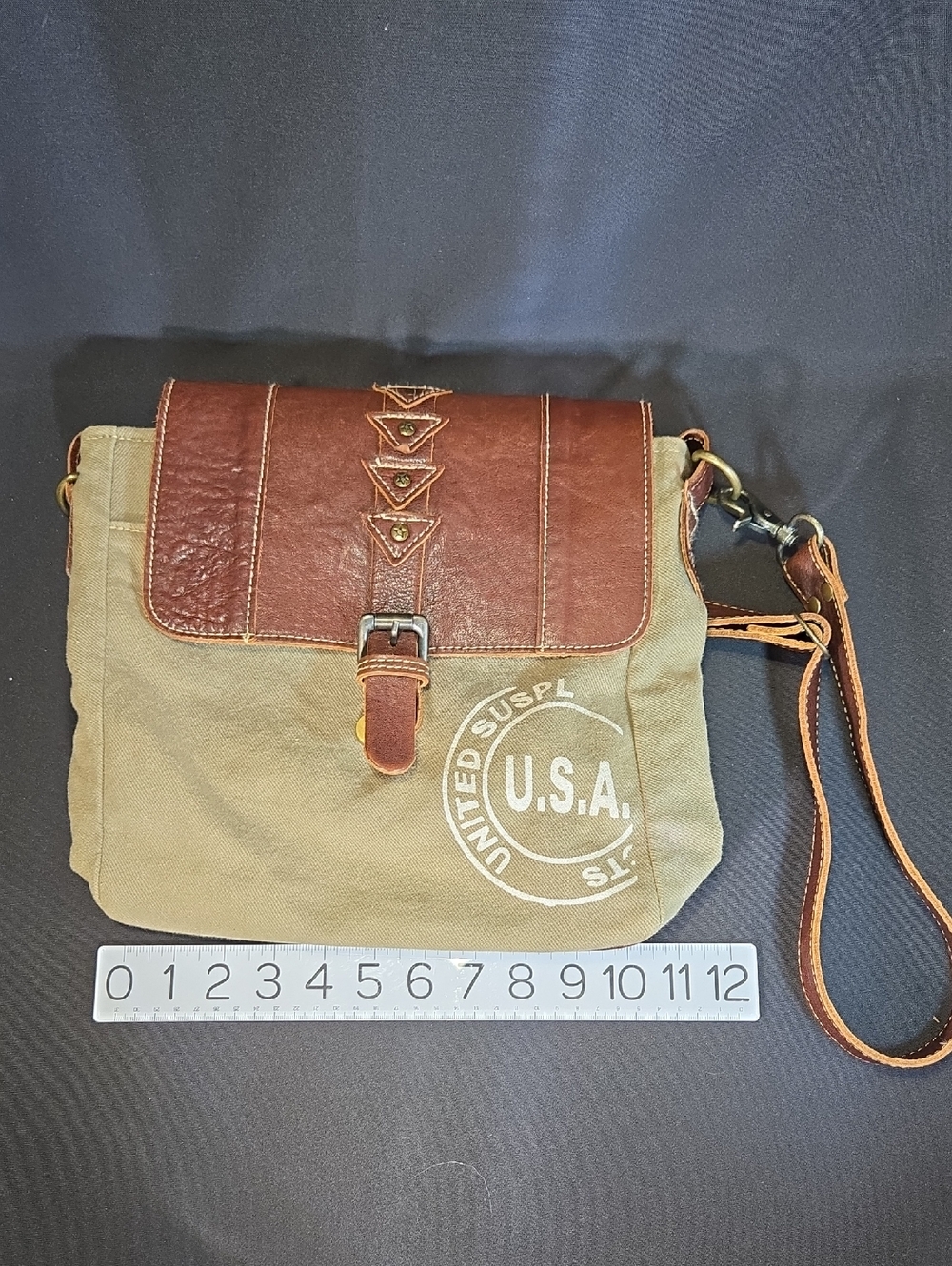 Myra Bag Canvas Messenger Bag with Brown Leather Flap - U.S.A. Stamp
